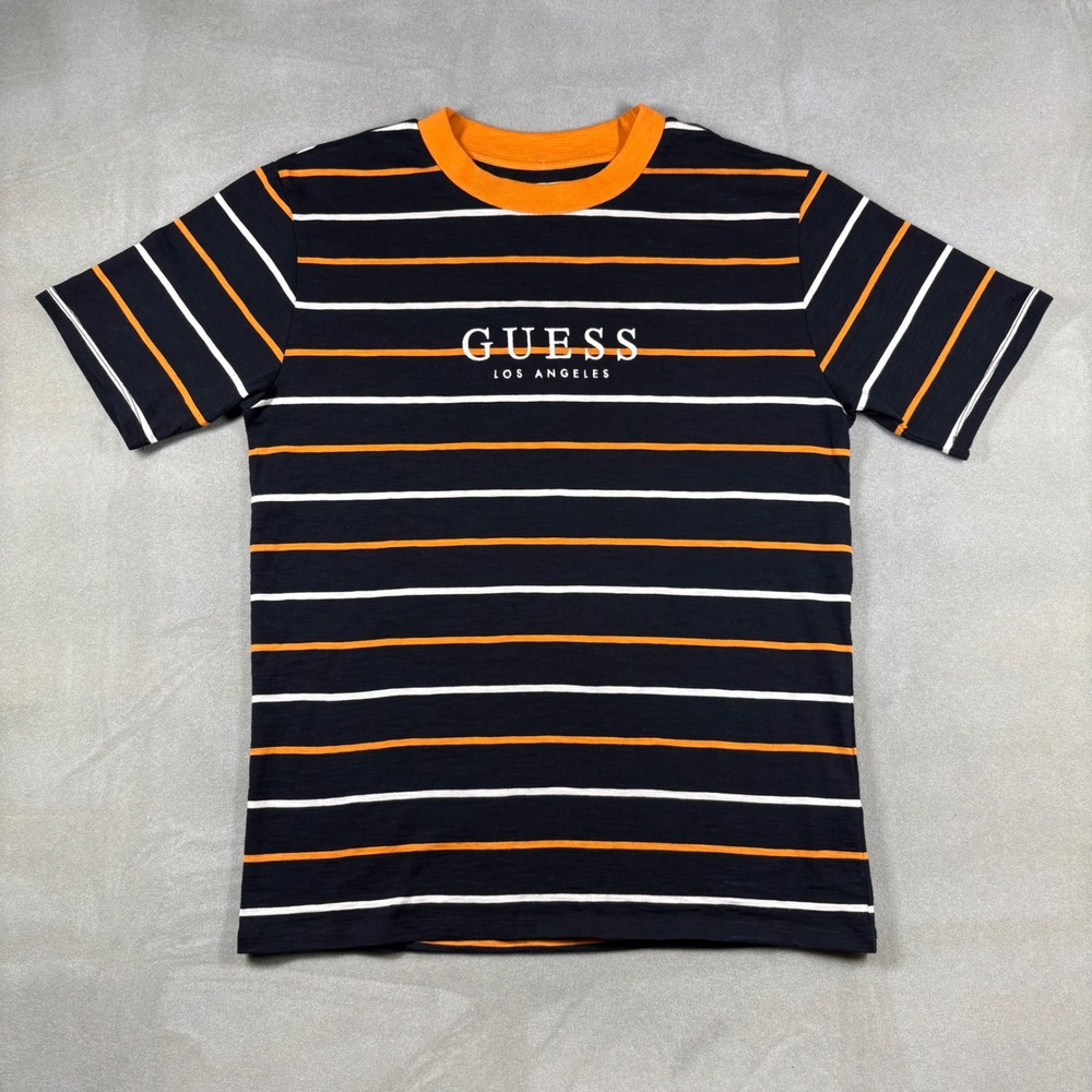Guess Originals Mens Striped T-Shirt Black Orange White Los Angeles Logo Small